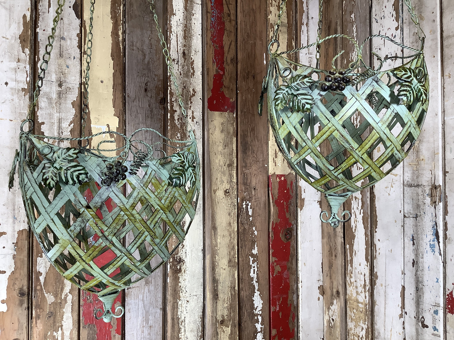 Set Of Two Antique Green Leaf Lattice Hanging Baskets Small & Large Lovely