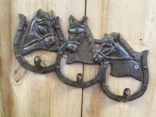 Rustic Brown Cast Iron Set Of 3 Hooks With Horse Pony Heads & Horseshoes