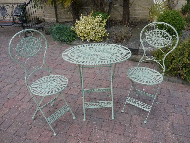 Green Cast & Wrought Iron Style Oval Garden Set 2 Folding Chairs & Table