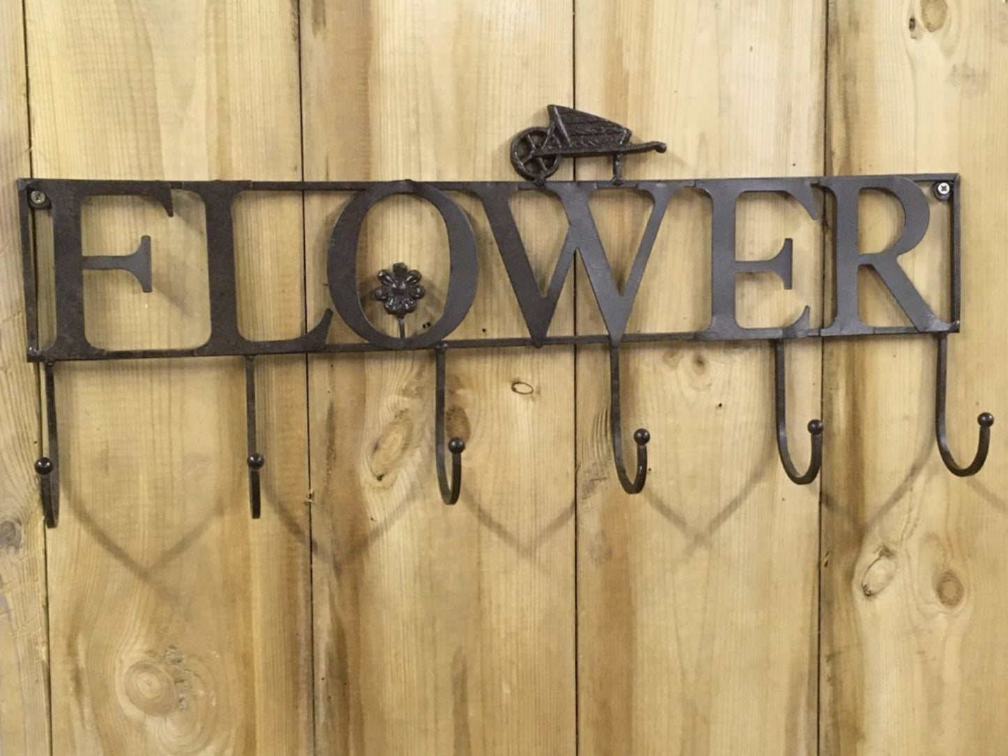 Rack Of 6 Wrought Iron Coat Hooks With 'FLOWER' & Wheelbarrow