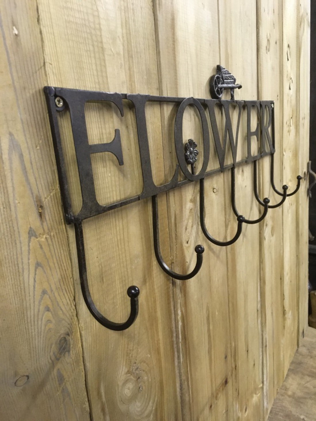 Rack Of 6 Wrought Iron Coat Hooks With 'FLOWER' & Wheelbarrow