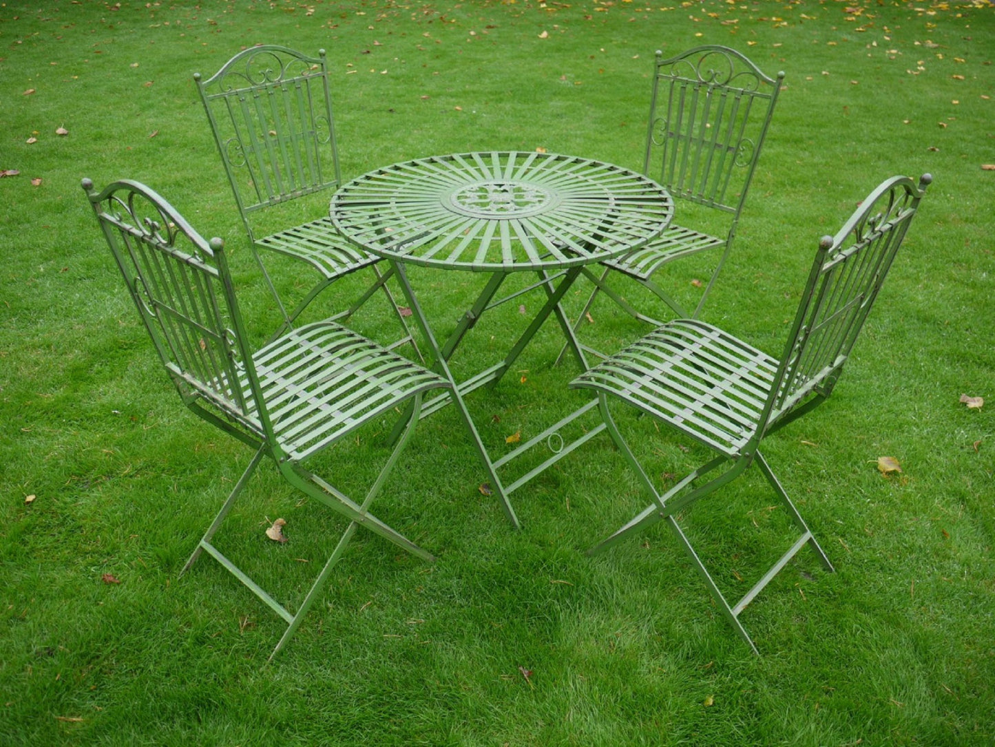 Antique Green Wrought Iron Style Slats Garden Bistro Table & 4 Chairs Set