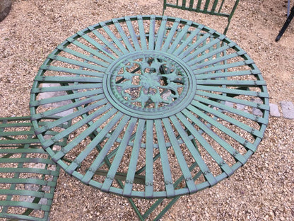 Antique Green Wrought Iron Style Slats Garden Bistro Table & 4 Chairs Set