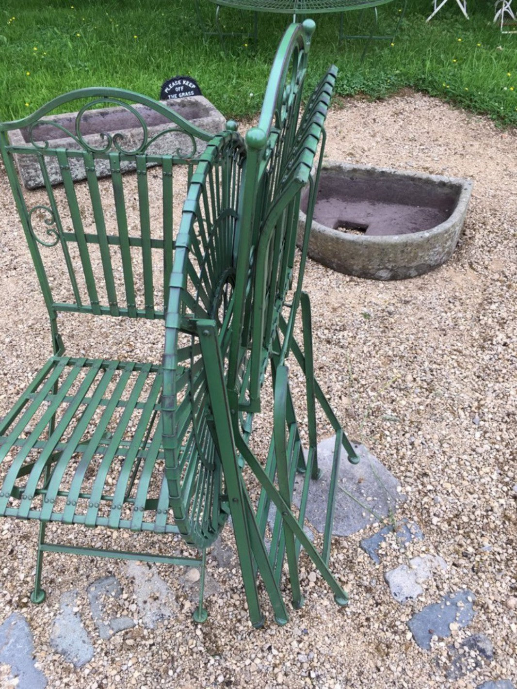 Antique Green Wrought Iron Style Slats Garden Bistro Table & 4 Chairs Set