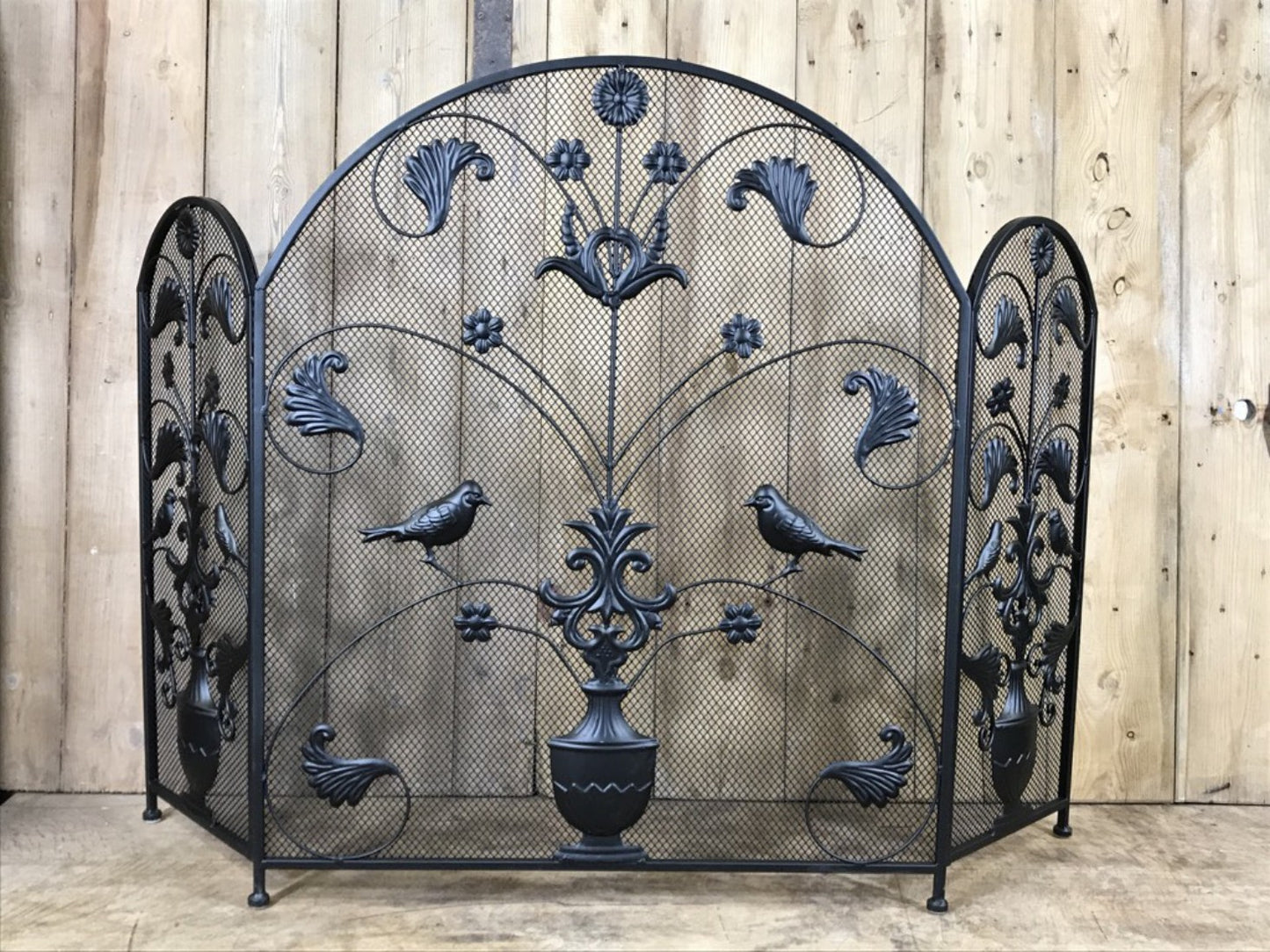 Black Wrought Iron Steel Folding Stove Fire Guard Vase, Birds & Leaves Design