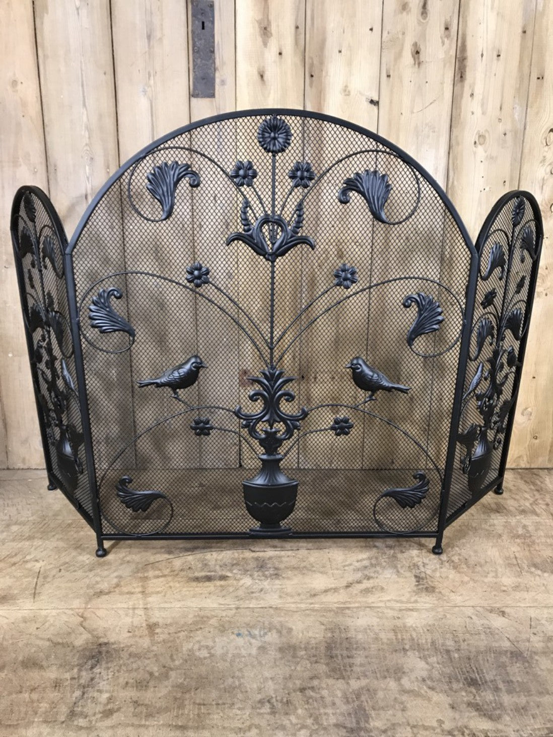 Black Wrought Iron Steel Folding Stove Fire Guard Vase, Birds & Leaves Design