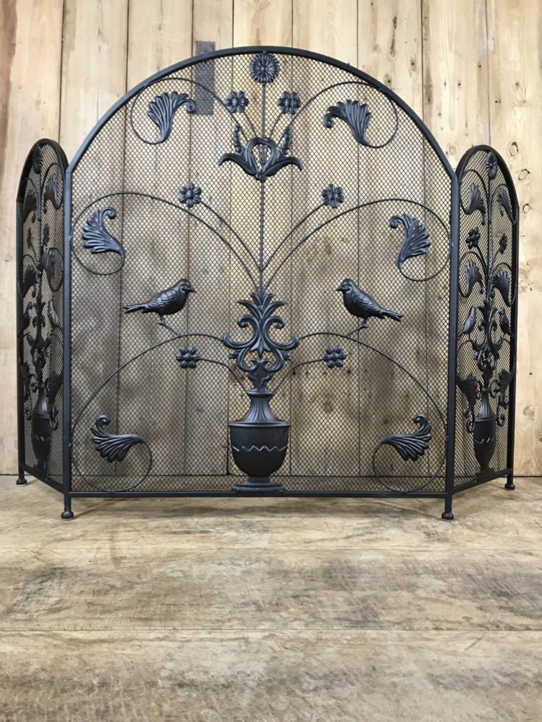 Black Wrought Iron Steel Folding Stove Fire Guard Vase, Birds & Leaves Design