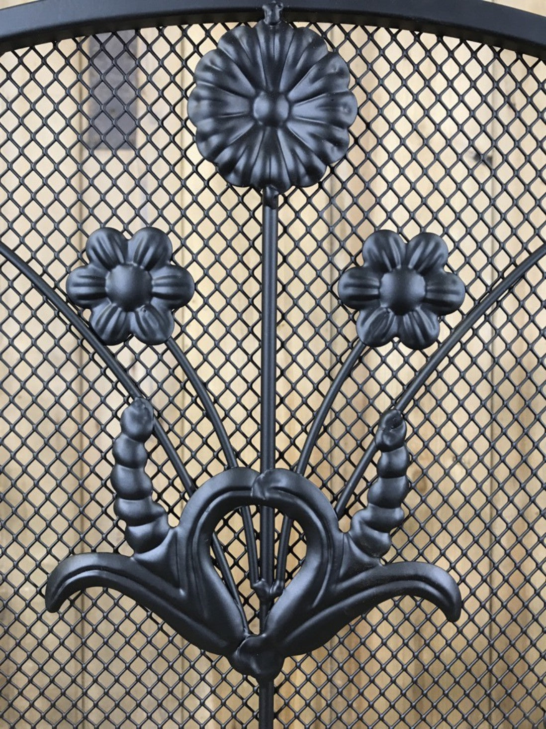 Black Wrought Iron Steel Folding Stove Fire Guard Vase, Birds & Leaves Design