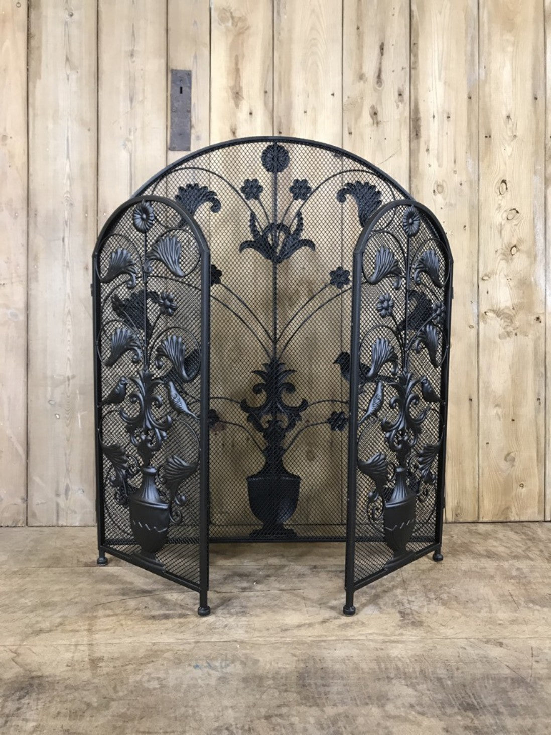 Black Wrought Iron Steel Folding Stove Fire Guard Vase, Birds & Leaves Design