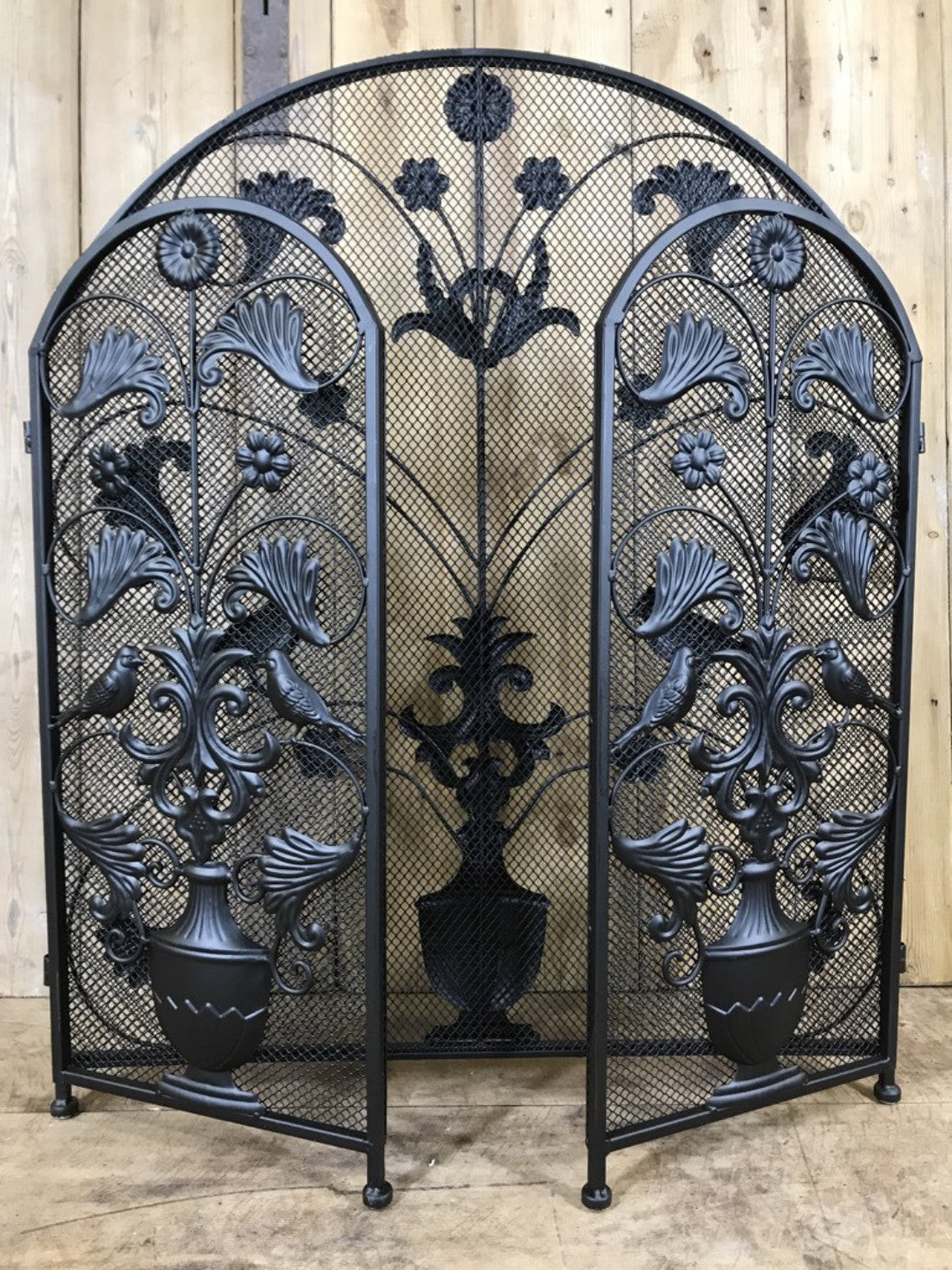 Black Wrought Iron Steel Folding Stove Fire Guard Vase, Birds & Leaves Design