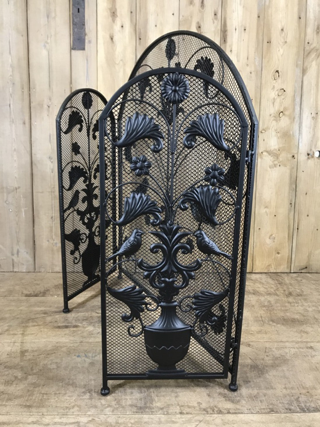 Black Wrought Iron Steel Folding Stove Fire Guard Vase, Birds & Leaves Design