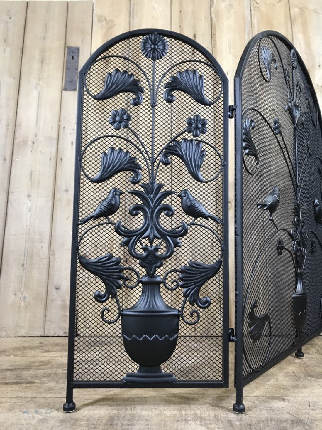 Black Wrought Iron Steel Folding Stove Fire Guard Vase, Birds & Leaves Design