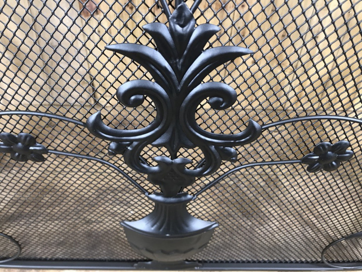 Black Wrought Iron Steel Folding Stove Fire Guard Vase, Birds & Leaves Design