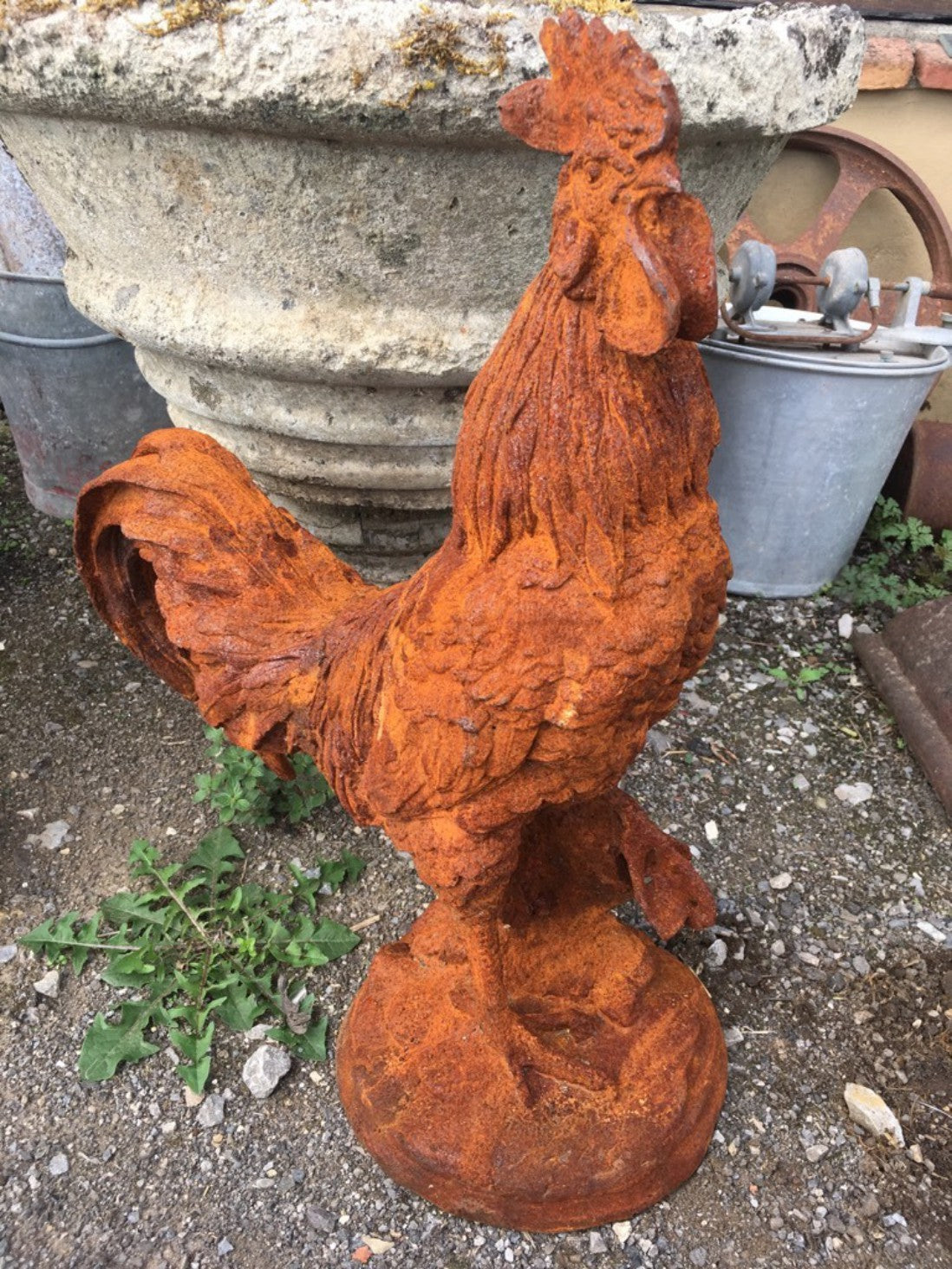 Life Size Cast Iron Rusty Cockerel Rooster Chicken Bird Statue
