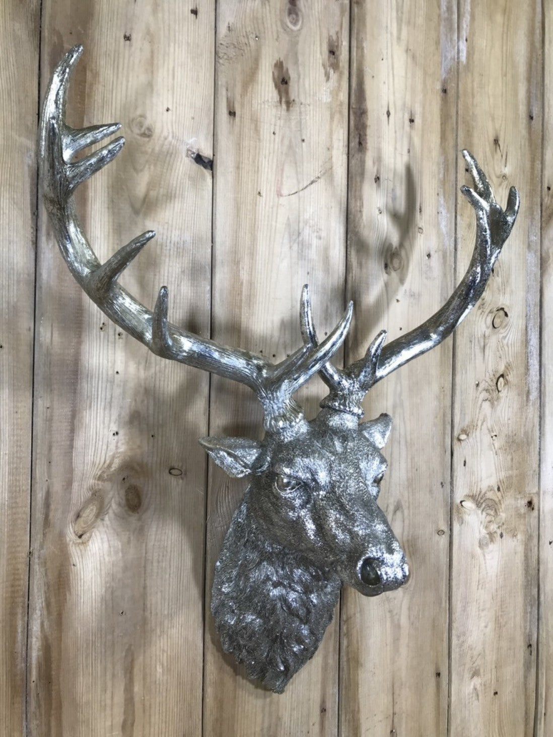 Life Like Antique Silver Stags Head With Antlers Wall Hung Deer Buck 26" High