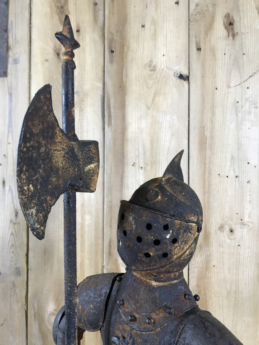 3' Small Child Size Rusty Style Metal Knight Suit Of Armour Statue Axe