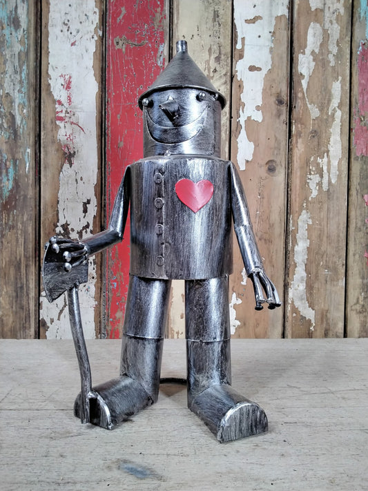 16" Small Tin Man Statue With A Red Metal Heart & Axe Fantastic Garden Ornament