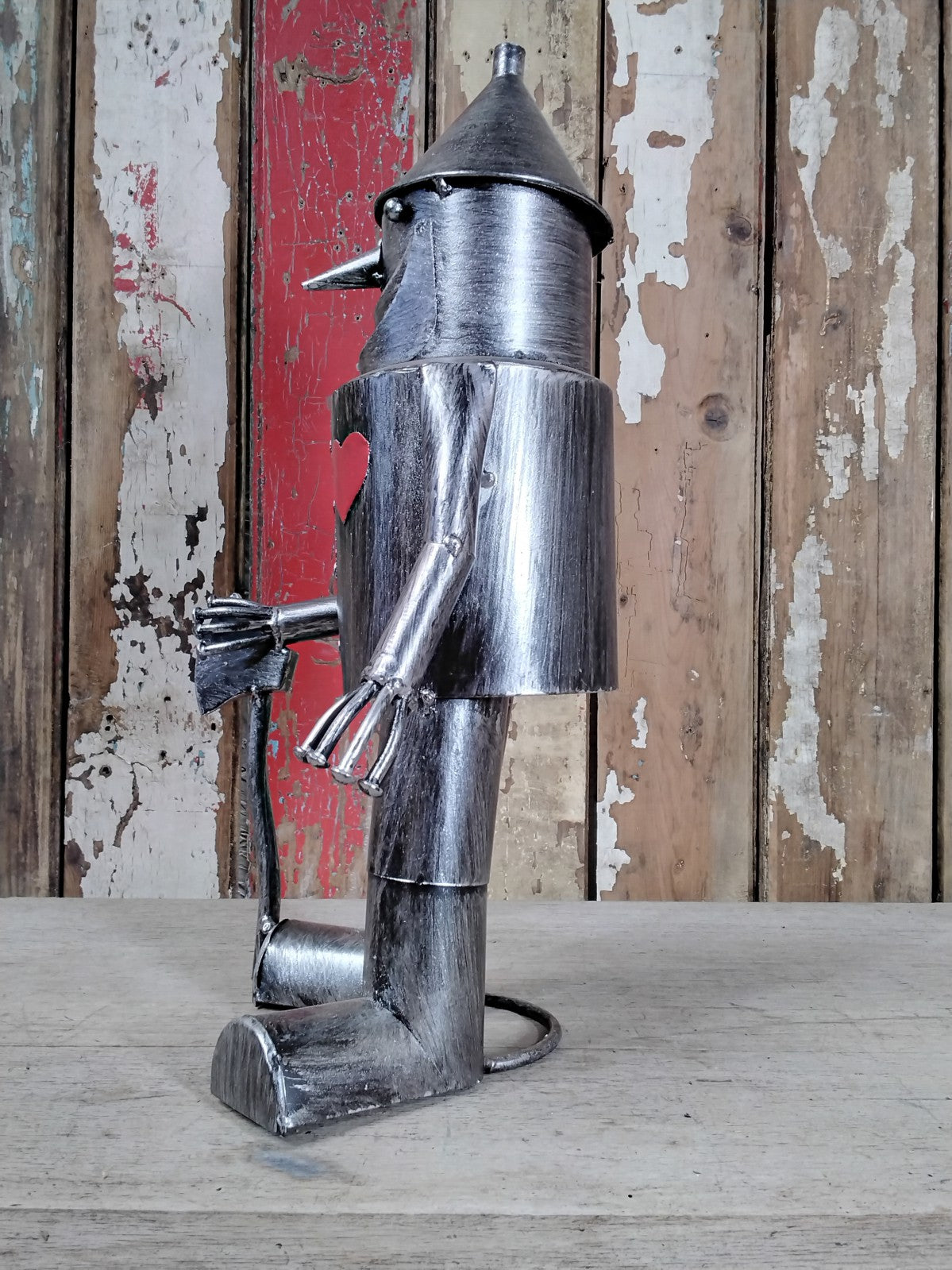 16" Small Tin Man Statue With A Red Metal Heart & Axe Fantastic Garden Ornament