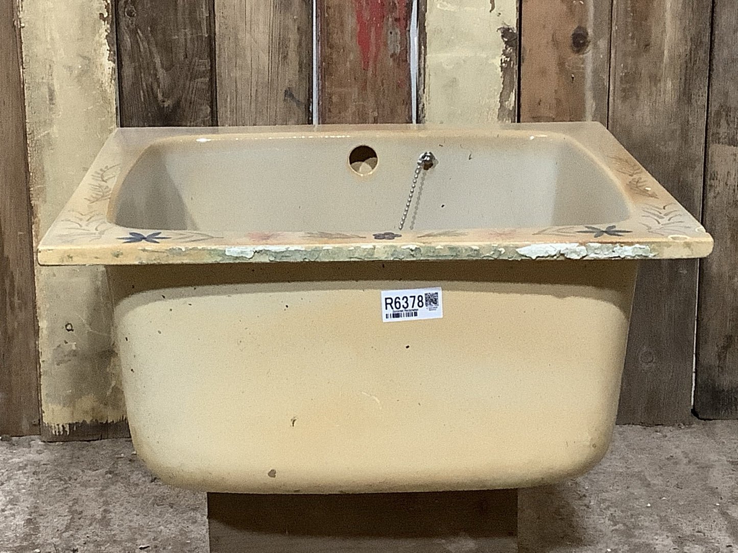 Small Square Old Yellowy Hand painted Porcelain Enamelled Kitchen Sink