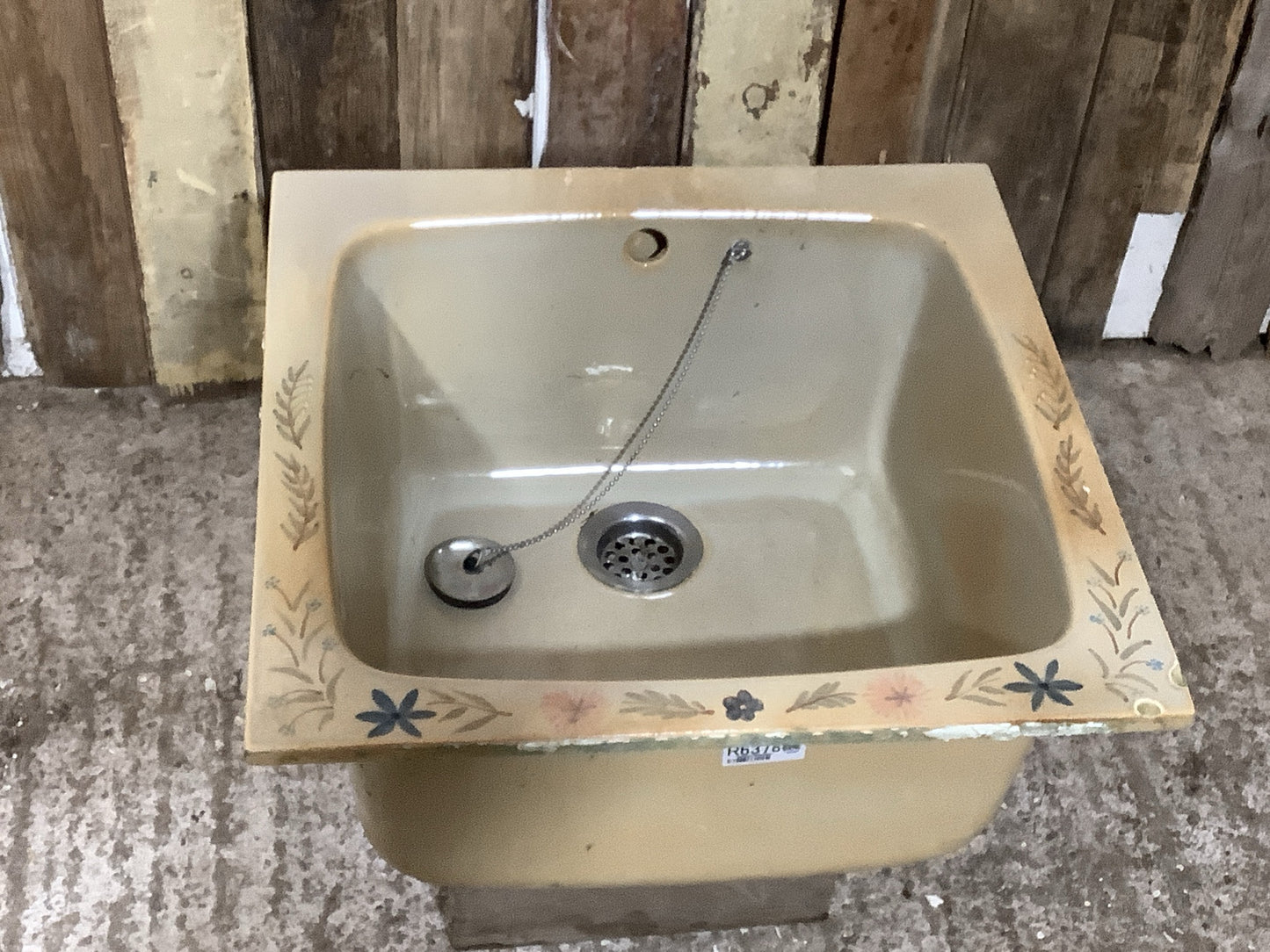 Small Square Old Yellowy Hand painted Porcelain Enamelled Kitchen Sink