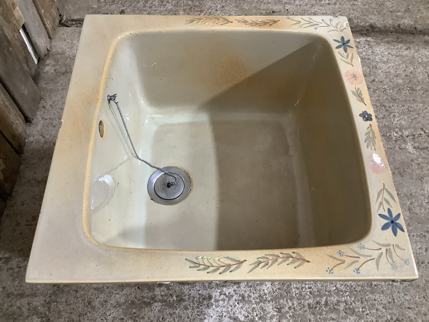 Small Square Old Yellowy Hand painted Porcelain Enamelled Kitchen Sink