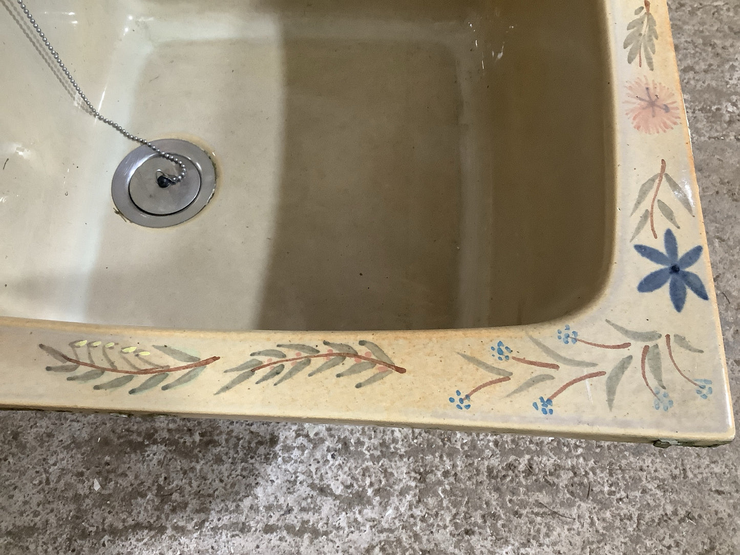 Small Square Old Yellowy Hand painted Porcelain Enamelled Kitchen Sink