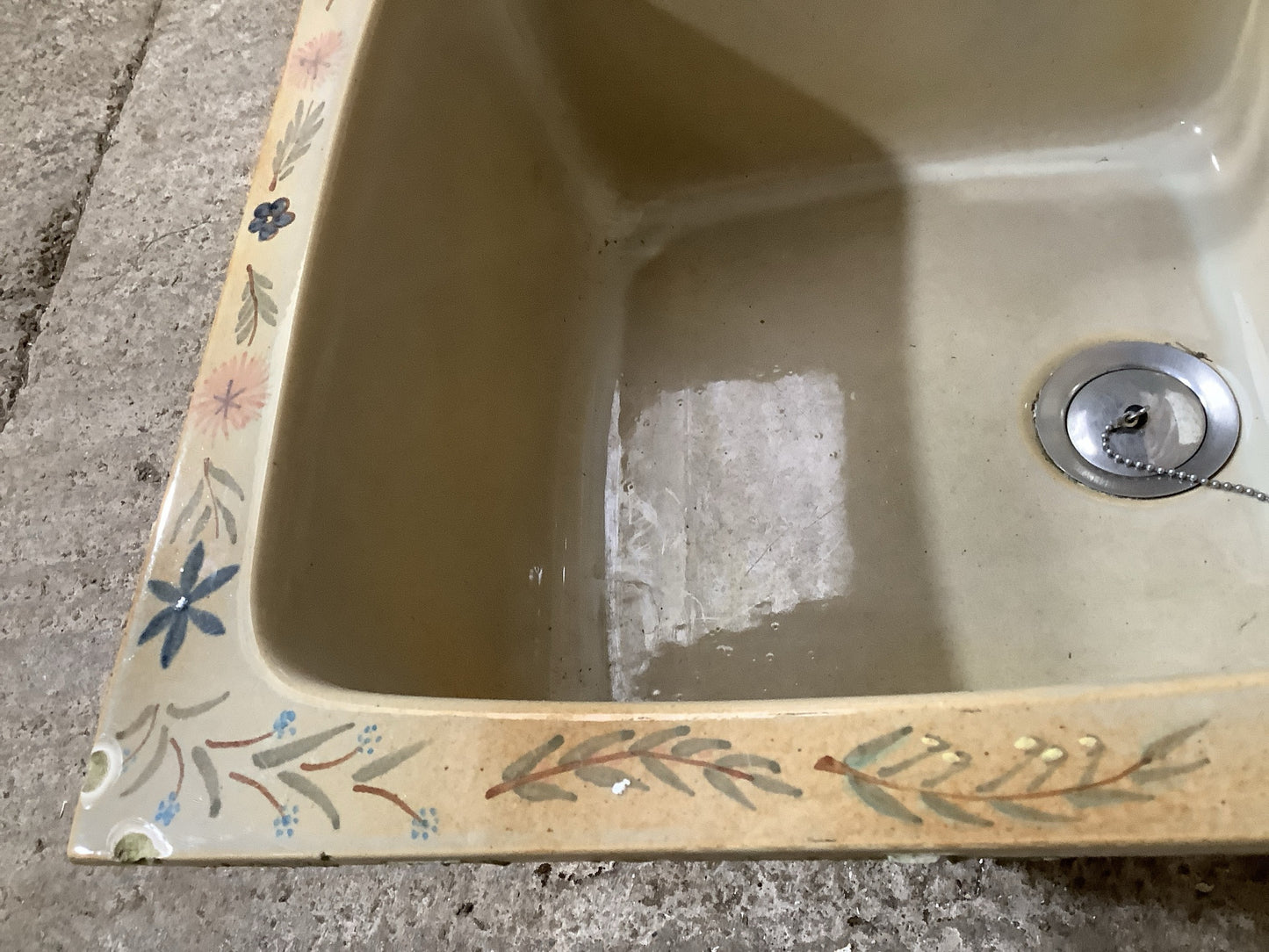 Small Square Old Yellowy Hand painted Porcelain Enamelled Kitchen Sink