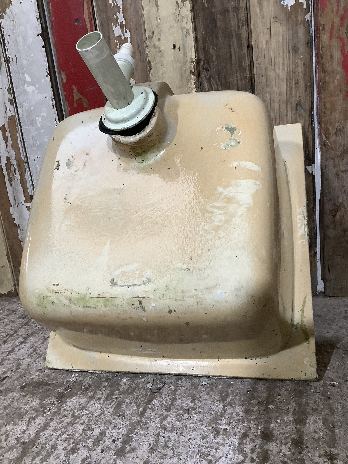 Small Square Old Yellowy Hand painted Porcelain Enamelled Kitchen Sink