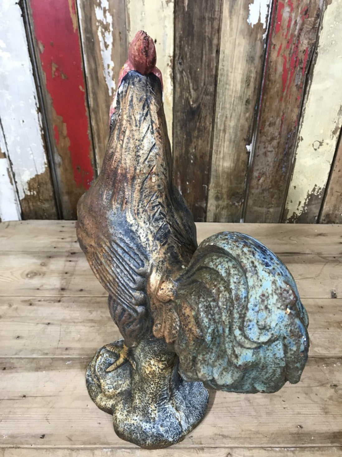 Weathered Heavy Cast Iron Hand Painted Cockerel Chicken Bird Garden