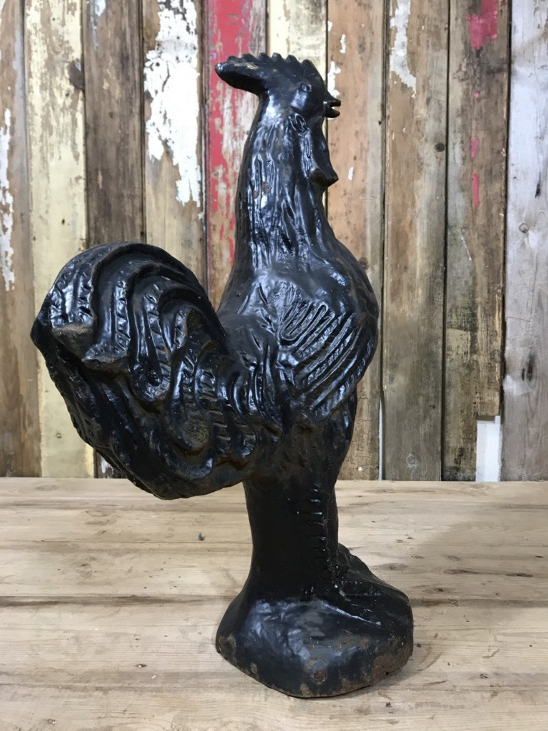 Black Heavy Cast Iron Hand Painted Cockerel Chicken Bird Garden