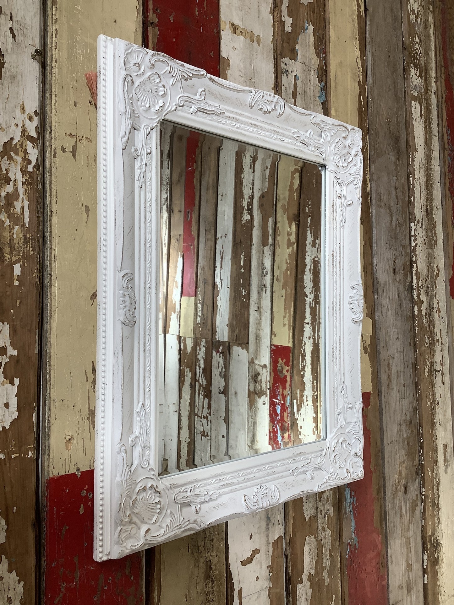 17x21 Antiqued White With Brushed Gold Framed Bevelled Small Wall Mirror