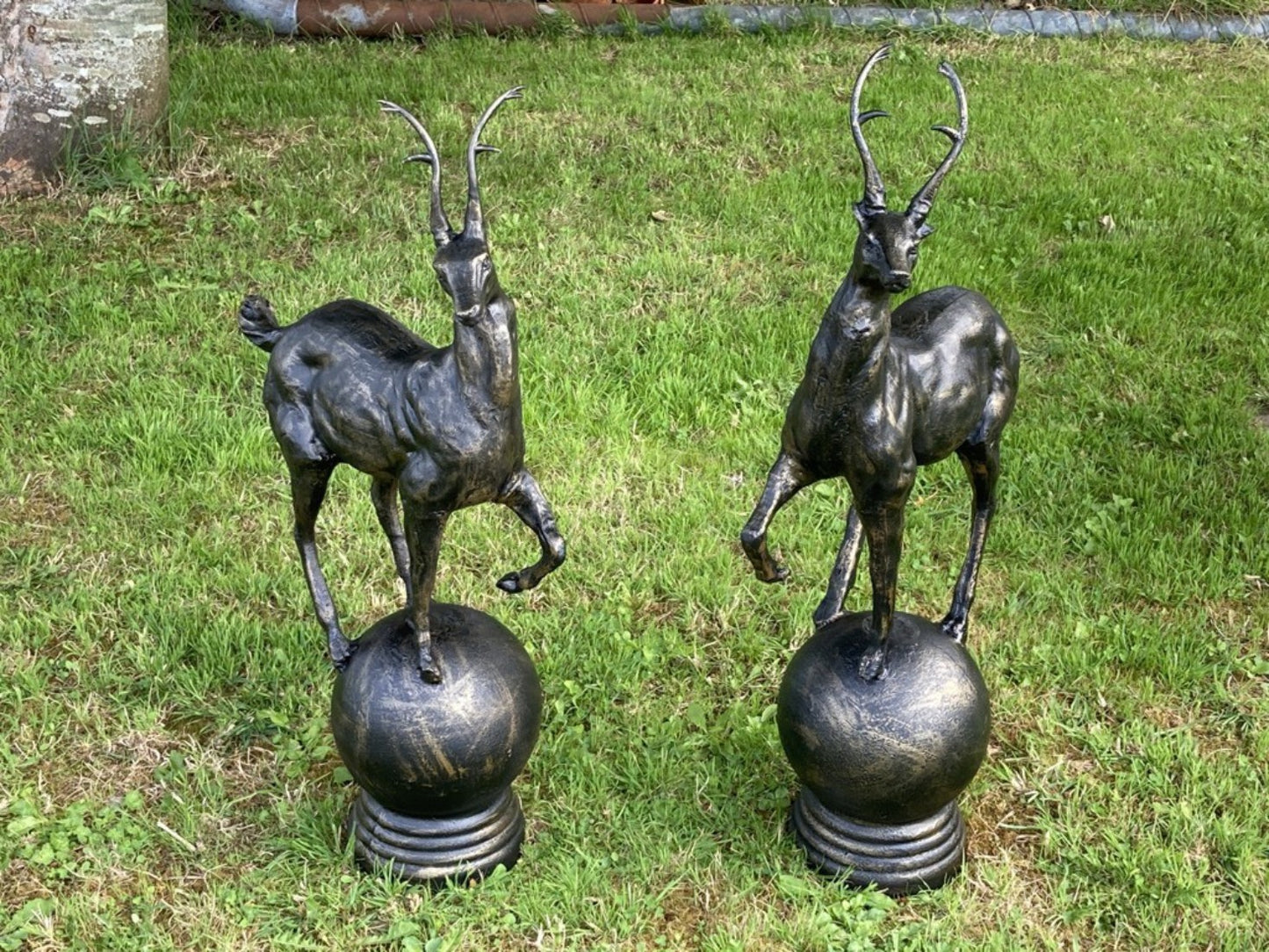 Bronzed Cast Iron Pair of Small Stags On a Ball Sphere Garden Or Gateway