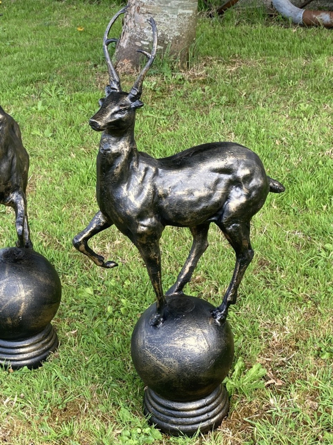 Bronzed Cast Iron Pair of Small Stags On a Ball Sphere Garden Or Gateway