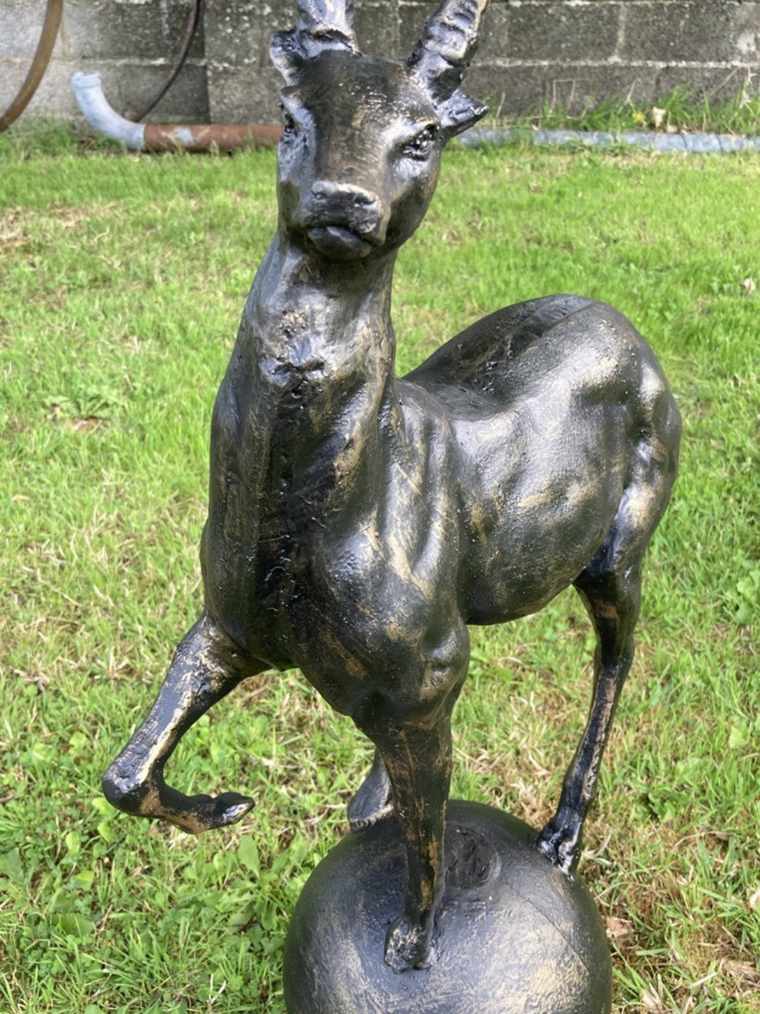 Bronzed Cast Iron Pair of Small Stags On a Ball Sphere Garden Or Gateway