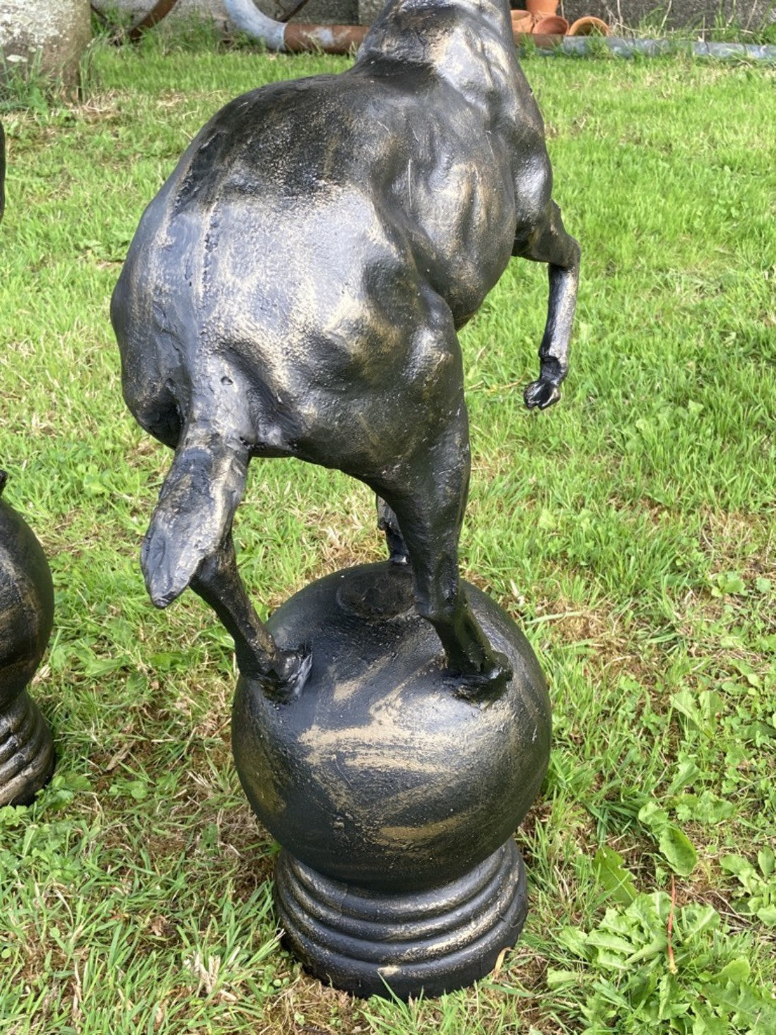 Bronzed Cast Iron Pair of Small Stags On a Ball Sphere Garden Or Gateway