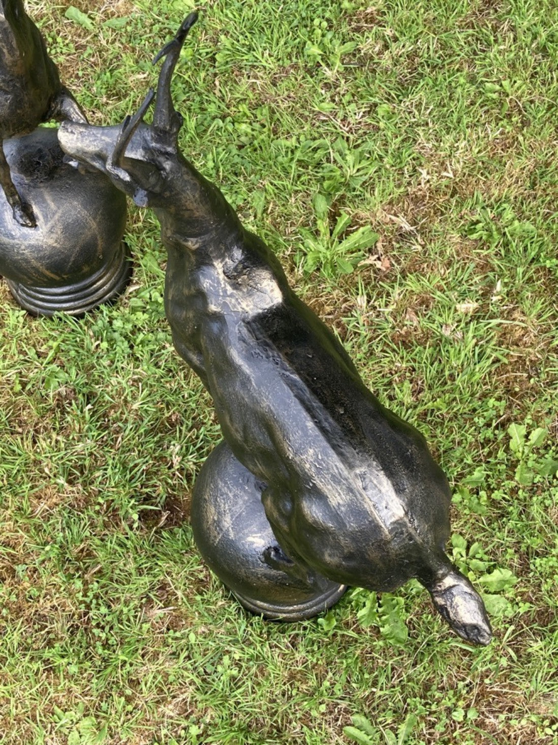 Bronzed Cast Iron Pair of Small Stags On a Ball Sphere Garden Or Gateway