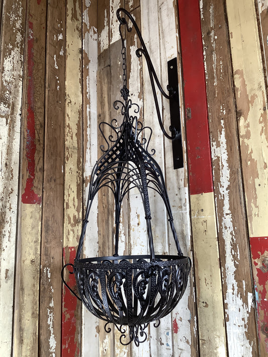 15" Large Antique Black French Style Wrought Iron Hanging Basket Amazing