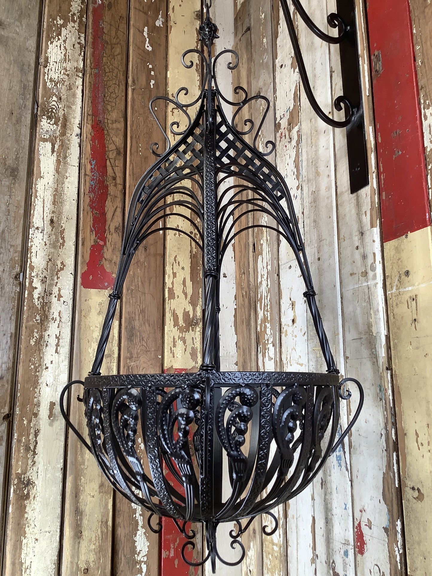 15" Large Antique Black French Style Wrought Iron Hanging Basket Amazing