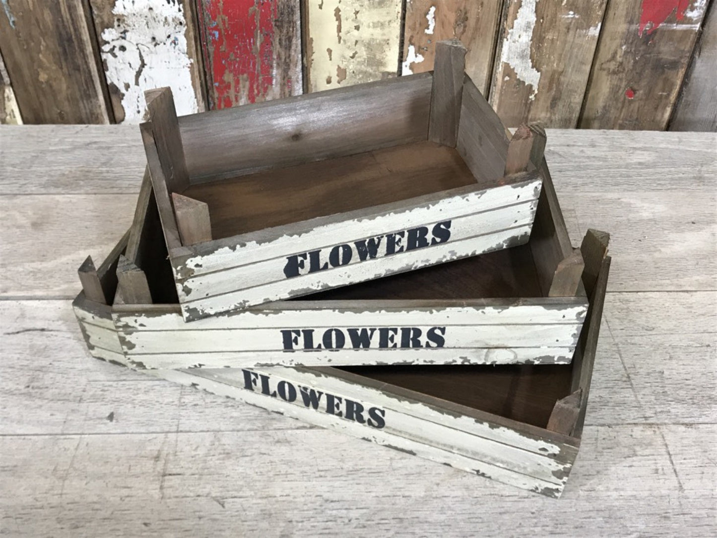 Set of 3 Wooden Painted Flower Shallow Trays Crates Small Medium Large