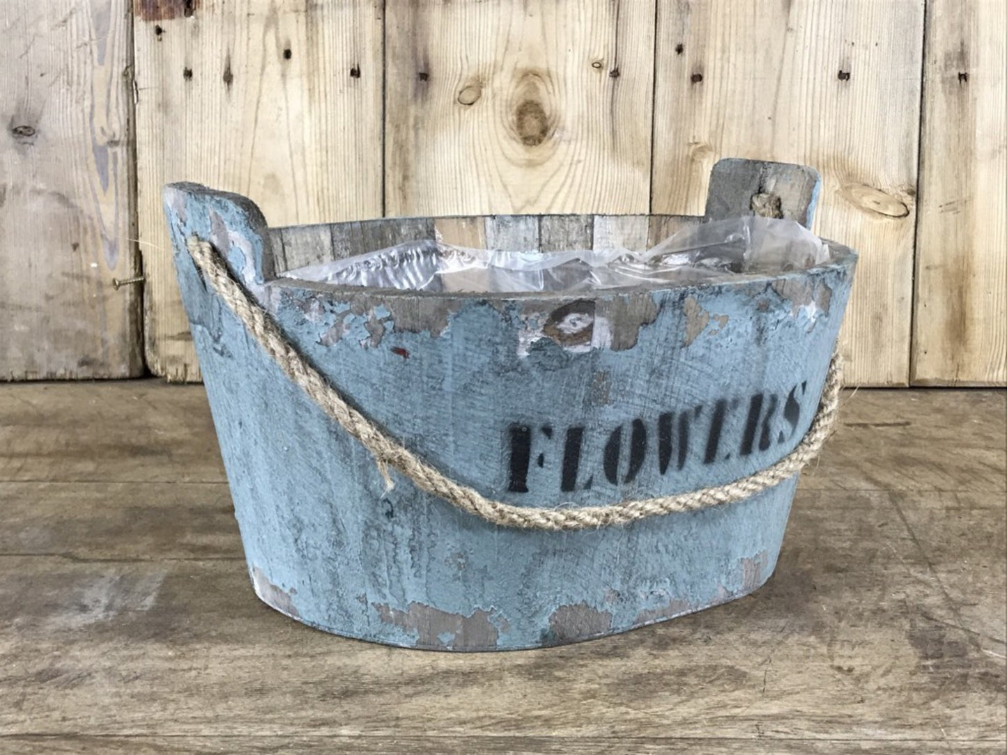 Painted Rustic Wooden Planter Bucket With Rope Handle