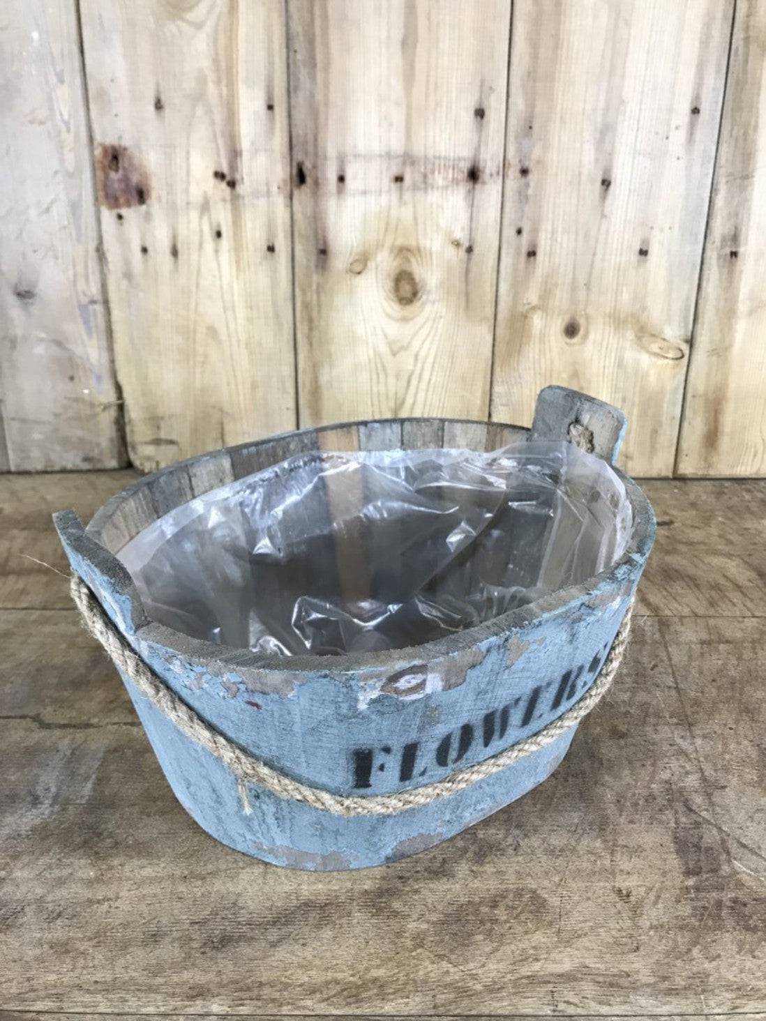 Painted Rustic Wooden Planter Bucket With Rope Handle