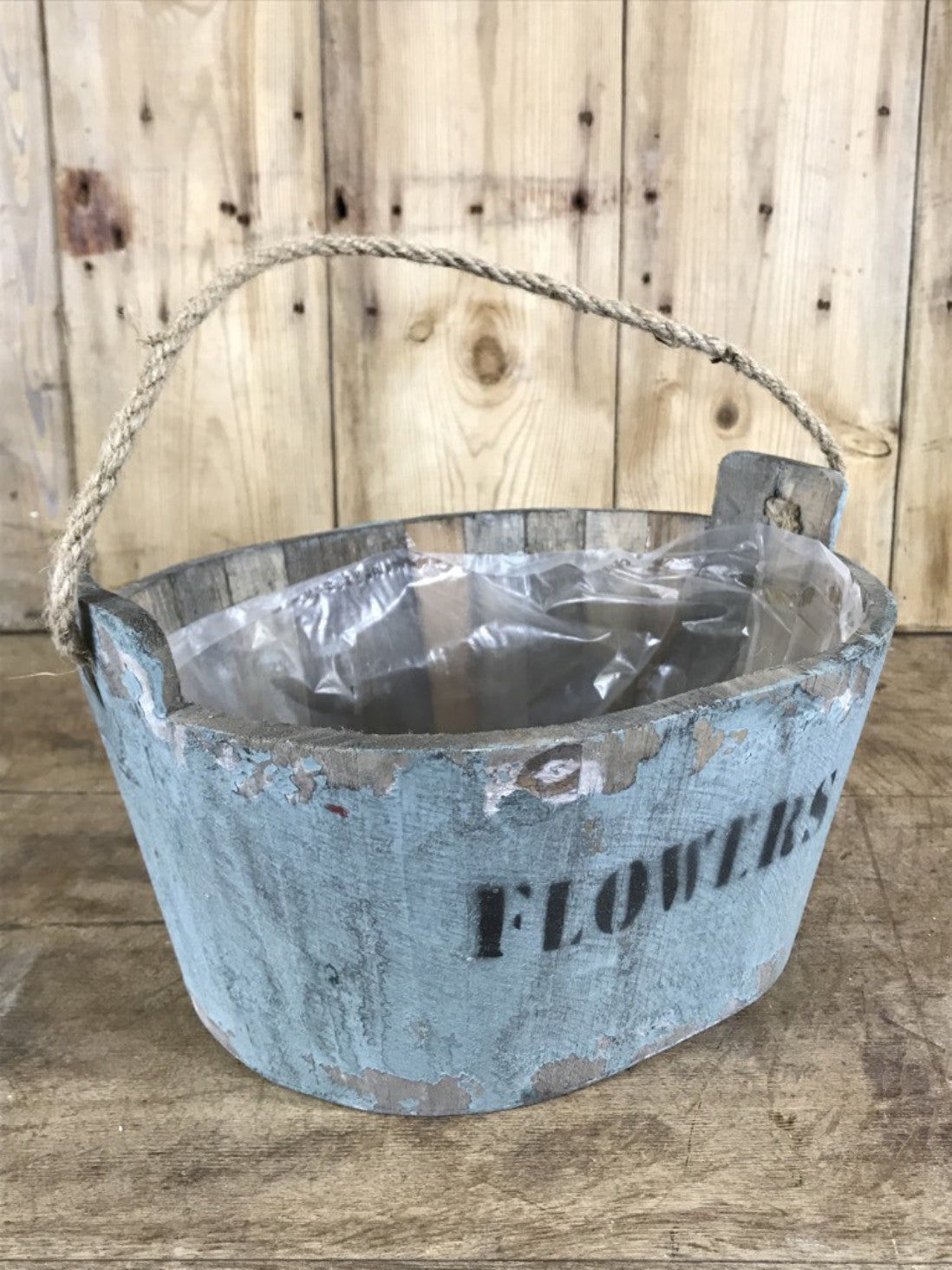 Painted Rustic Wooden Planter Bucket With Rope Handle