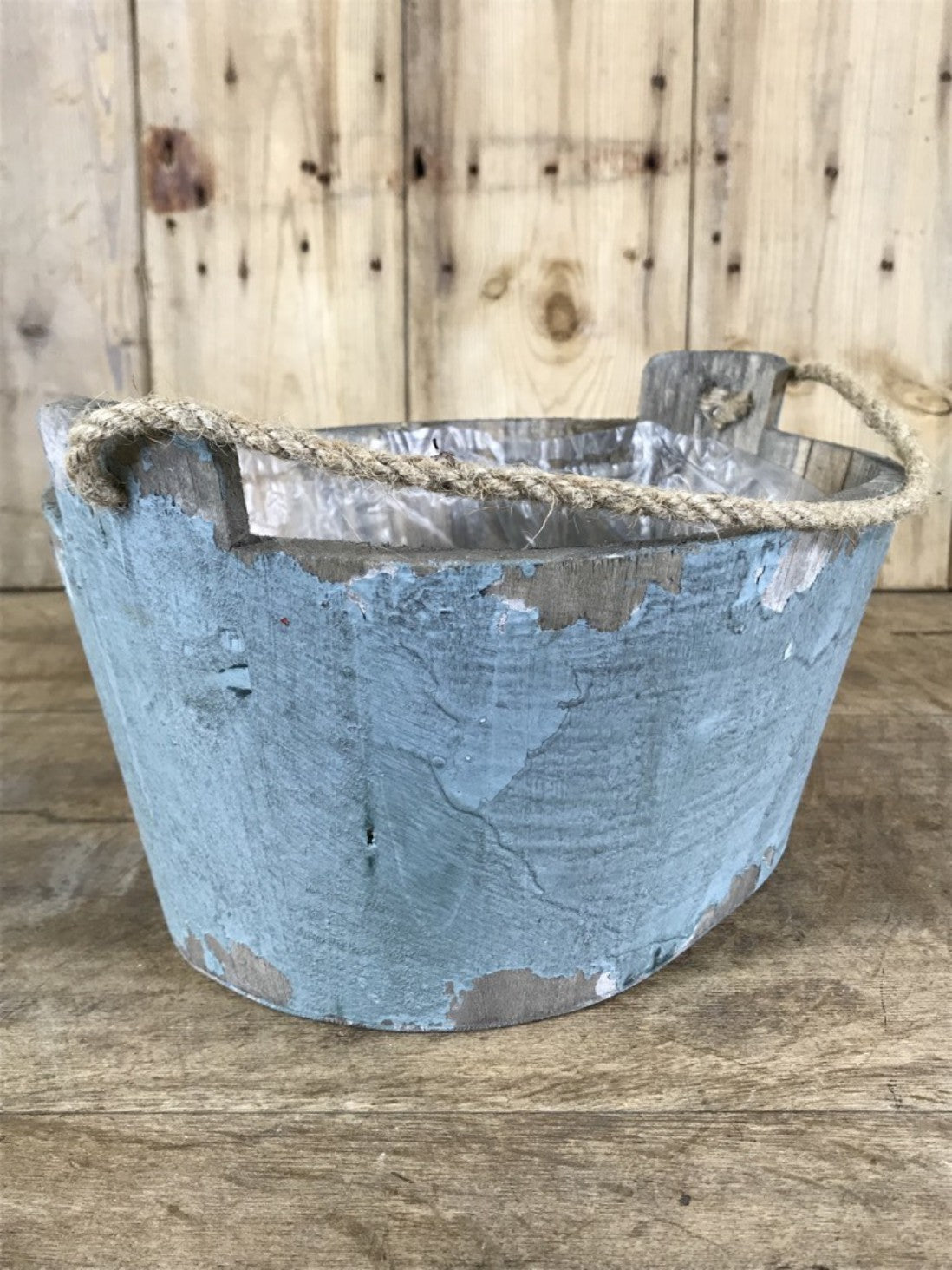 Painted Rustic Wooden Planter Bucket With Rope Handle