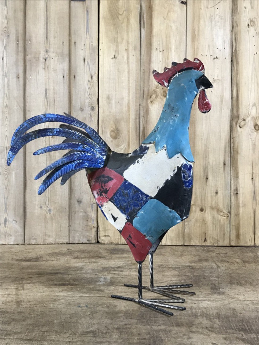 Rustic Hand Painted Metal Tin Standing Cockerel Chicken Bird Figure