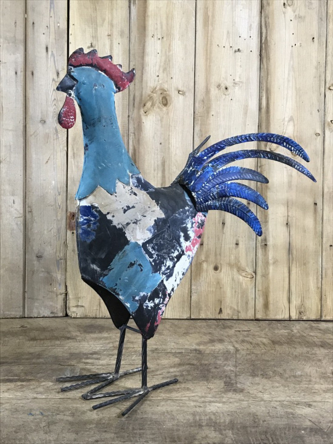 Rustic Hand Painted Metal Tin Standing Cockerel Chicken Bird Figure