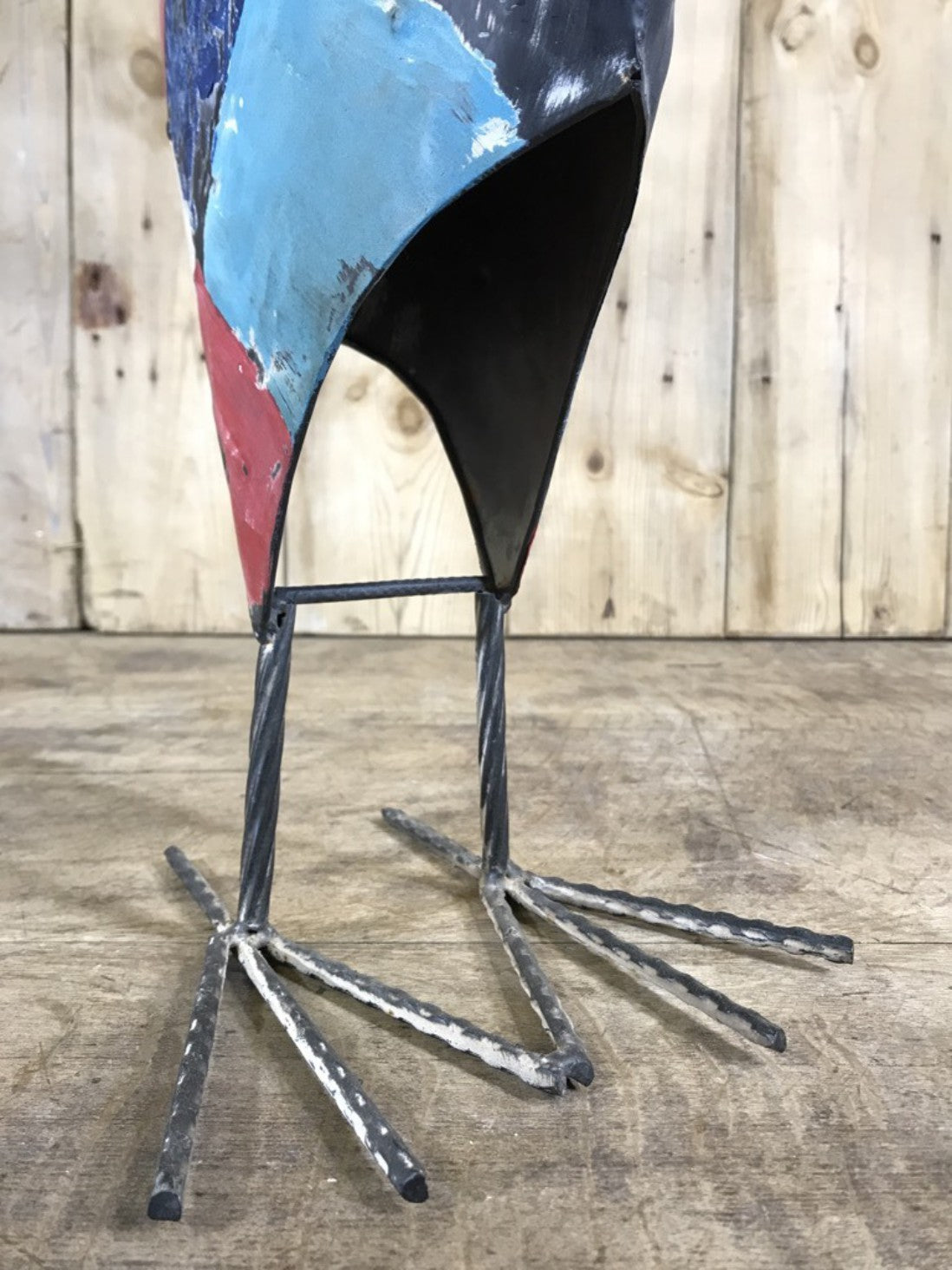 Rustic Hand Painted Metal Tin Standing Cockerel Chicken Bird Figure