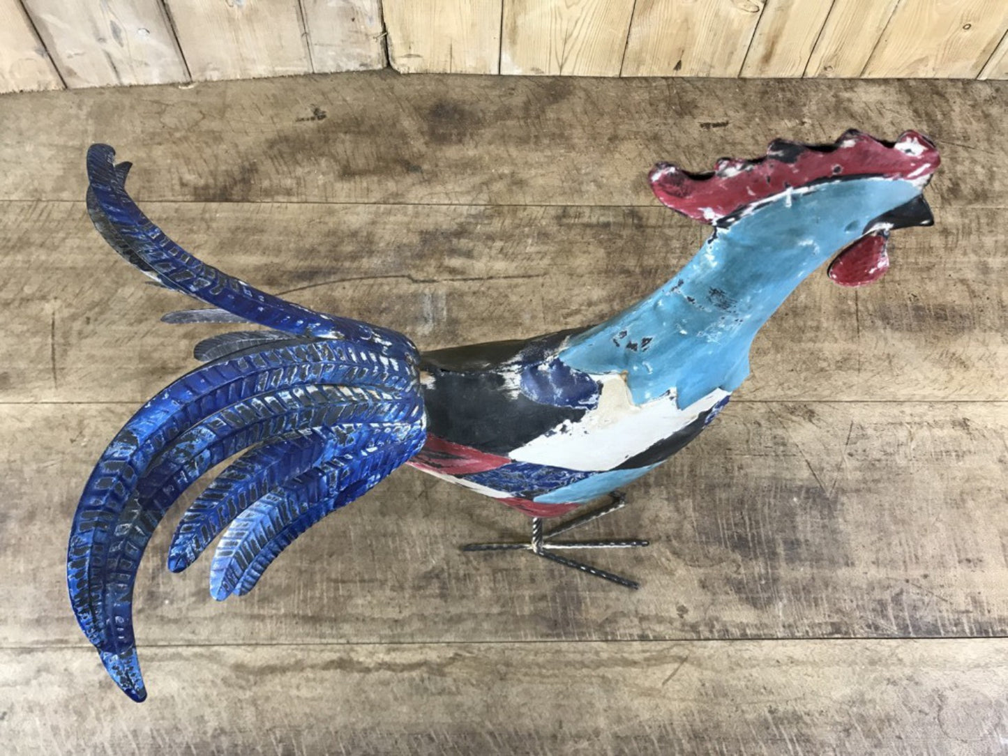 Rustic Hand Painted Metal Tin Standing Cockerel Chicken Bird Figure