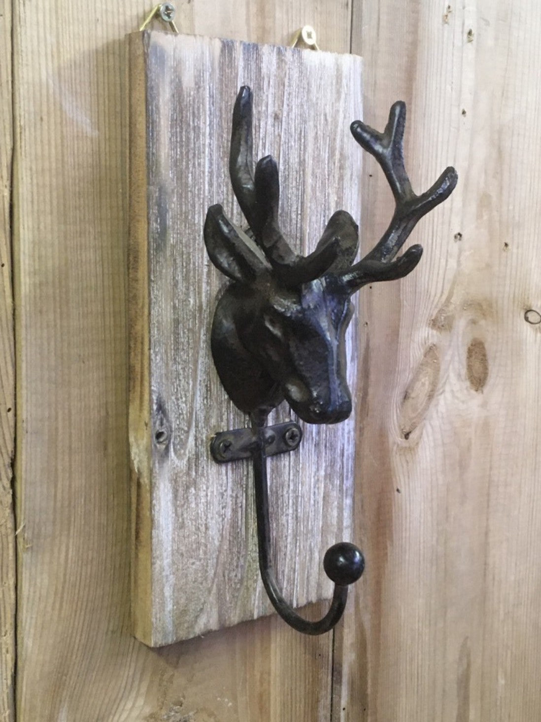 Stag Coat Hook Black Metal Mounted On Wood