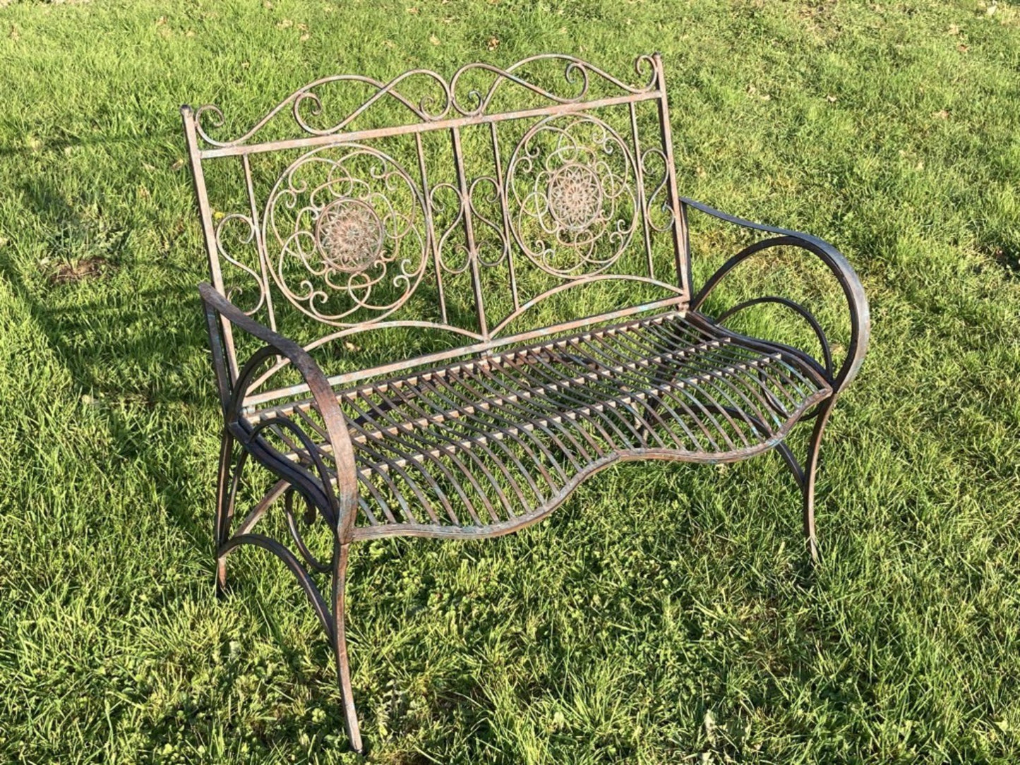 Wrought Iron Style Two Seater Garden Bench Seat Steel Brown/Blue Finish