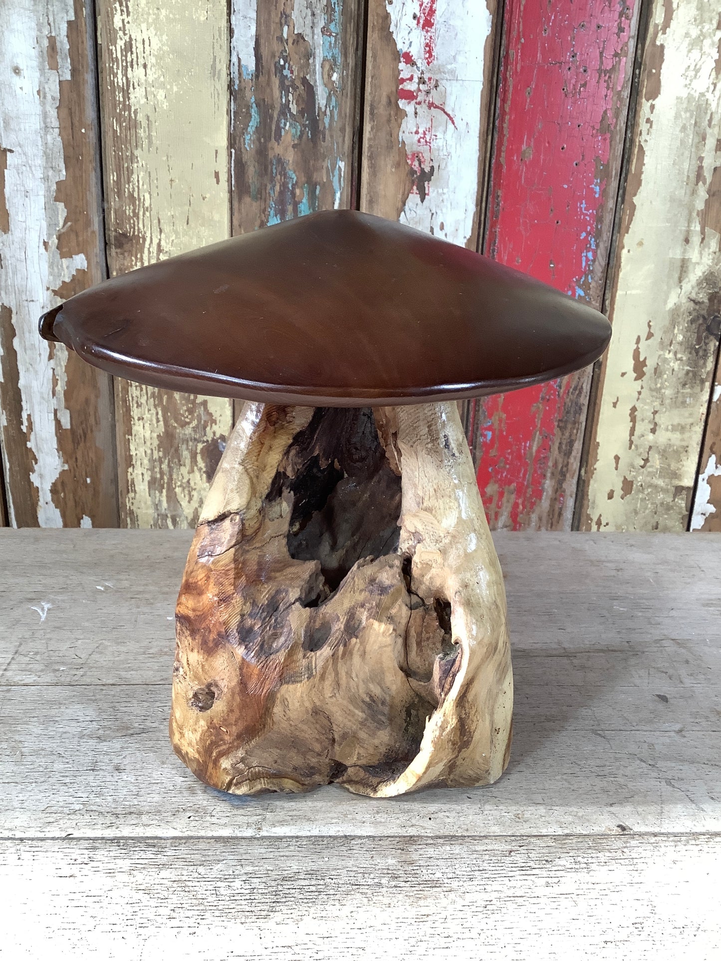 Lovely Recycled Teak Mushroom Statue 12 Tall Natural & Rustic Looking